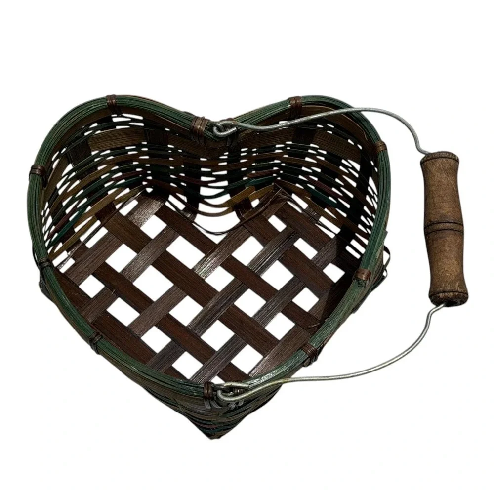 Vintage Heart Shaped Woven Basket Wood Handle Primitive Farmhouse Cottage Decor